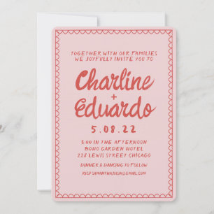 Retro Roze en Red Wavy Handwriting Wedding Kaart