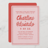 Retro Roze en Red Wavy Handwriting Wedding Kaart (Voorkant / Achterkant)