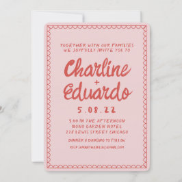Retro Roze en Red Wavy Handwriting Wedding Kaart