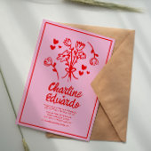 Retro Roze en Red Wavy Handwriting Wedding Kaart