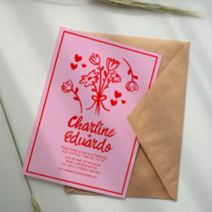 Retro Roze en Red Wavy Handwriting Wedding Kaart