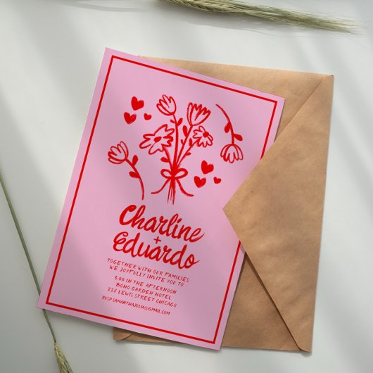 Retro Roze en Red Wavy Handwriting Wedding Kaart