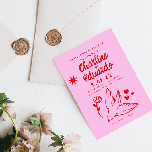 Retro Roze en Red Wavy Handwriting Wedding Kaart