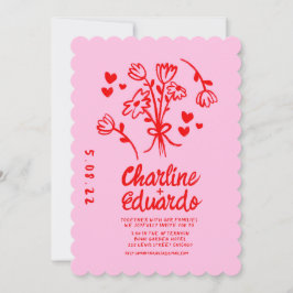 Retro Roze en Red Wavy Handwriting Wedding Kaart