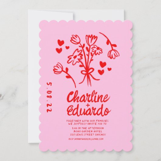 Retro Roze en Red Wavy Handwriting Wedding Kaart (Voorkant)