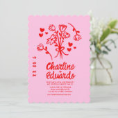 Retro Roze en Red Wavy Handwriting Wedding Kaart (Staand voorkant)
