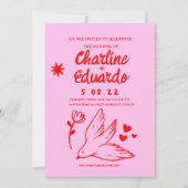 Retro Roze en Red Wavy Handwriting Wedding Kaart (Voorkant)