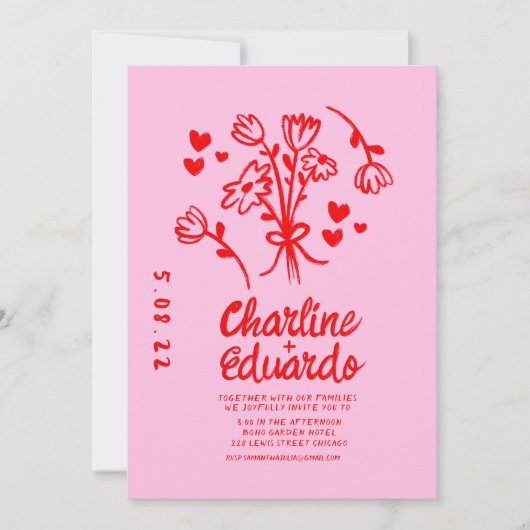 Retro Roze en Red Wavy Handwriting Wedding Kaart (Voorkant)