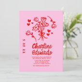 Retro Roze en Red Wavy Handwriting Wedding Kaart (Staand voorkant)