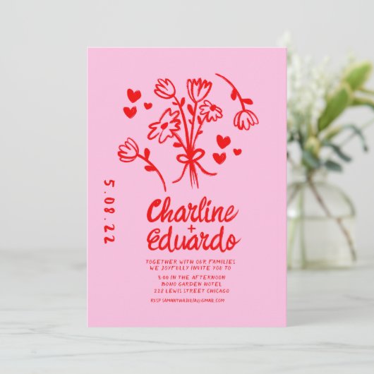 Retro Roze en Red Wavy Handwriting Wedding Kaart (Staand voorkant)