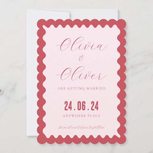 Retro roze en rode foto bruiloft save the date (Voorkant)