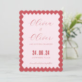 Retro roze en rode foto bruiloft save the date (Staand voorkant)