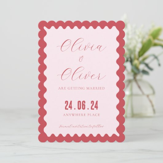 Retro roze en rode foto bruiloft save the date (Staand voorkant)