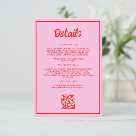 Retro Roze en Rode Golvende Handschrift bruiloft D Informatiekaartje (Staand voorkant)