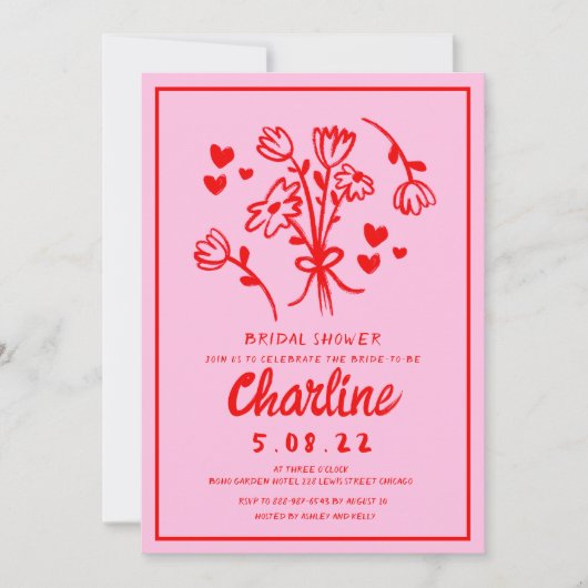 Retro Roze en Rode Golvende Handschrift Vrijgezell Kaart (Voorkant)