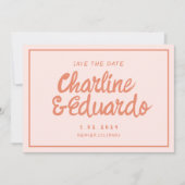 Retro Roze en rode handschriftenbruiloft opslaan D Kaart (Voorkant)