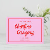 Retro Roze en rode handschriftenbruiloft opslaan D Kaart (Staand voorkant)