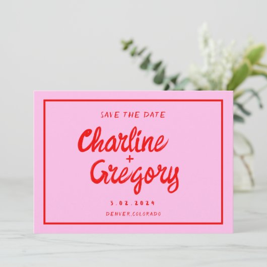 Retro Roze en rode handschriftenbruiloft opslaan D Kaart (Staand voorkant)