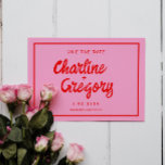 Retro Roze en rode handschriftenbruiloft opslaan D Save The Date<br><div class="desc">Retro Roze en rode handschriftenbruiloft opslaan Datum</div>