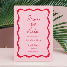 Retro roze en rode kronkelende trouwkaart Save The Date
