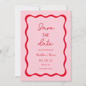 Retro roze en rode kronkelende trouwkaart Save The Save The Date (Voorkant)