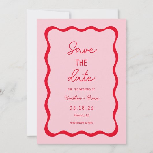 Retro roze en rode kronkelende trouwkaart Save The Save The Date (Voorkant)