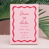 Retro roze en rode kronkelende trouwkaart Save The Save The Date