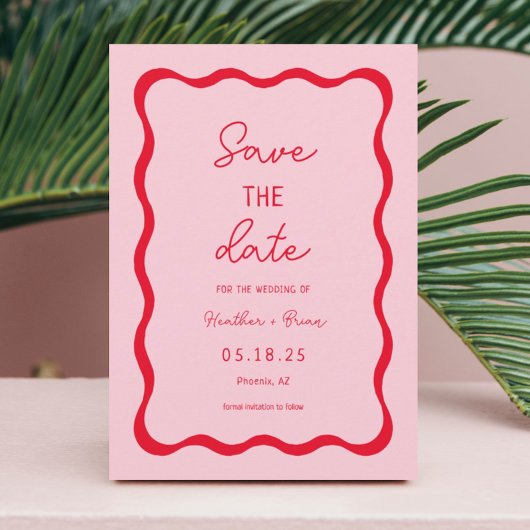 Retro roze en rode kronkelende trouwkaart Save The Save The Date