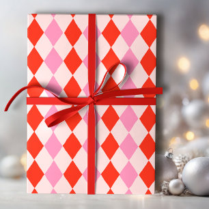 Retro roze en rode met de hand getekende diamantpa cadeaupapier