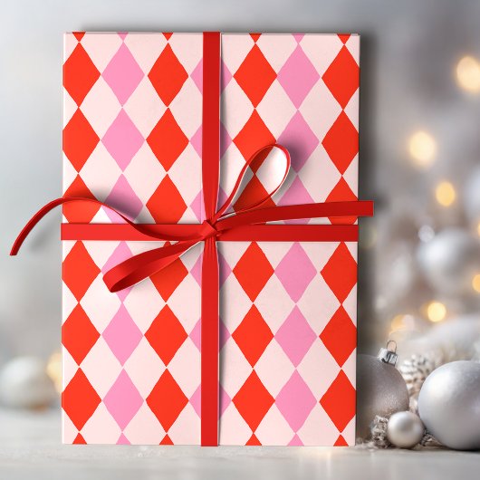 Retro roze en rode met de hand getekende diamantpa cadeaupapier