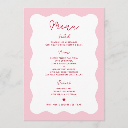 Retro roze en rode moderne golvende trouwmenu kaar menu (Voorkant)