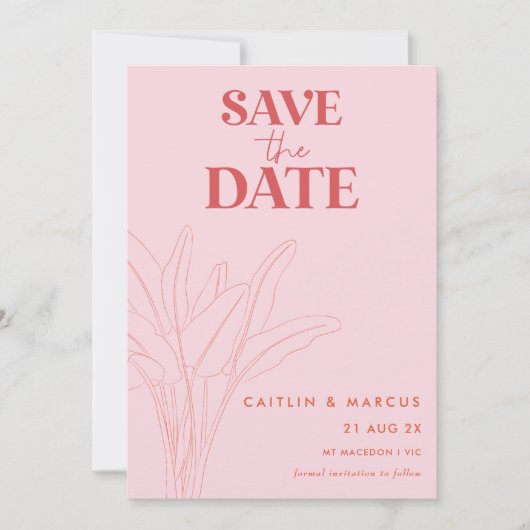 Retro roze en rode palmbruiloft Save The Date Kaar Kaart (Voorkant)