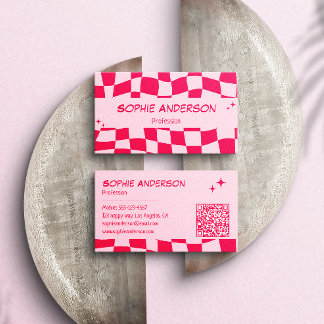 Retro roze en rode schaakbord QR-code Visitekaartje