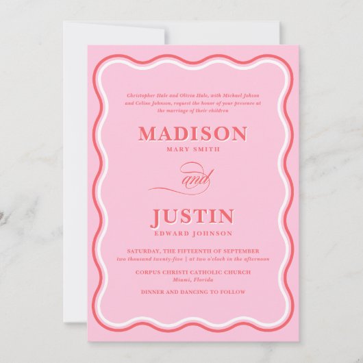 Retro Roze en Rode Squiggle Curves Golvende Bruilo Kaart (Voorkant)