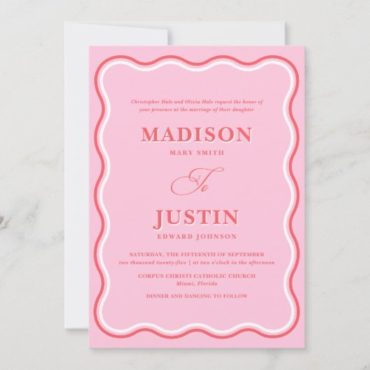 Retro Roze en Rode Squiggle Curves Golvende Bruilo Kaart (Voorkant)