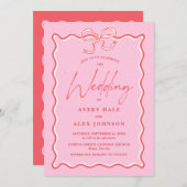 Retro Roze en Rode Wave Afbeelding Lijst Bruiloft Kaart (Voorkant / Achterkant)