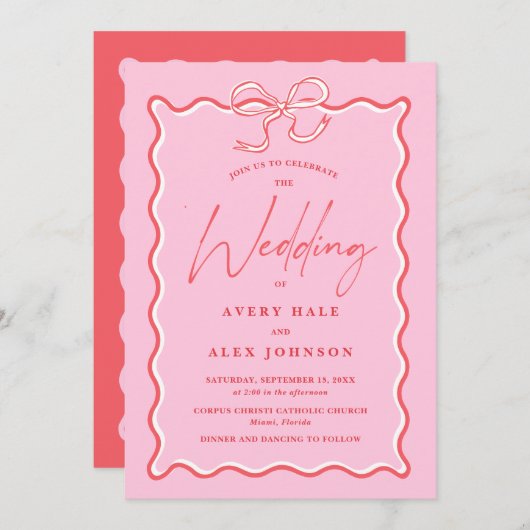 Retro Roze en Rode Wave Afbeelding Lijst Bruiloft Kaart (Voorkant / Achterkant)