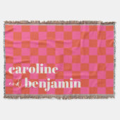 Retro roze en rood dambordpatroon aangepaste trouw deken (Voorkant)