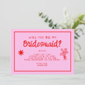 Retro Roze en rood handschrift Bridesmaid Voorstel Kaart (Staand voorkant)