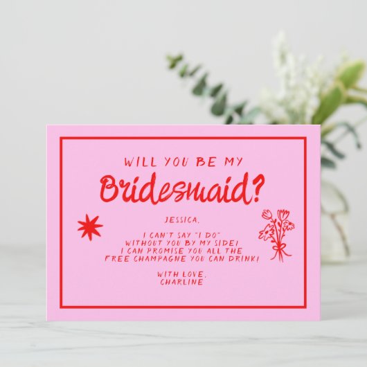Retro Roze en rood handschrift Bridesmaid Voorstel Kaart (Staand voorkant)