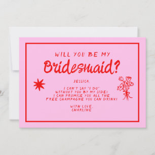Retro Roze en rood handschrift Bridesmaid Voorstel Kaart