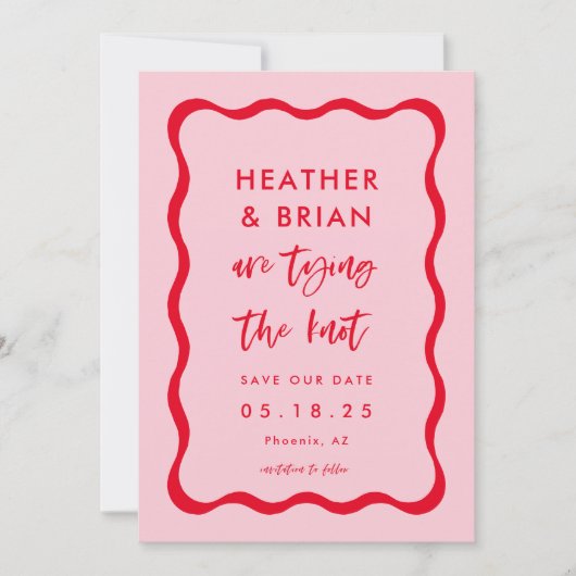 Retro roze en rood met de knoop save the date (Voorkant)