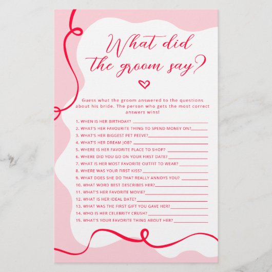 Retro roze en rood Wat zei de bruidegom spel (Voorkant)
