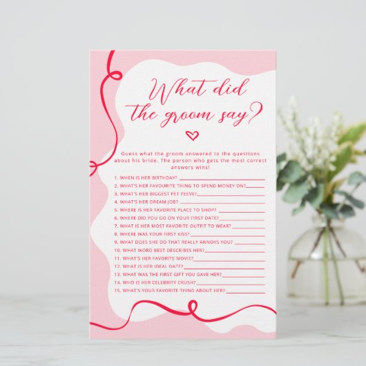Retro roze en rood Wat zei de bruidegom spel (Staand voorkant)
