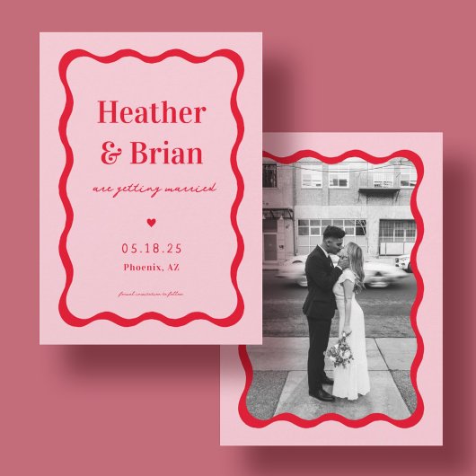 Retro Roze en Roodvierkant Foto Weddenschap Save The Date