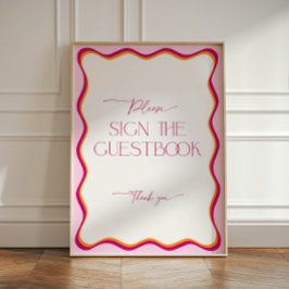Retro Roze en Sinaasappel Wavy Border Modern Guest Reclamebord Met Voetstuk