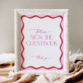 Retro Roze en Sinaasappel Wavy Border Modern Guest Reclamebord Met Voetstuk