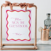 Retro Roze en Sinaasappel Wavy Border Modern Guest Reclamebord Met Voetstuk