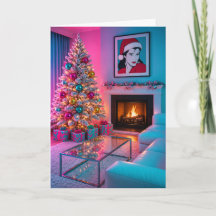 Retro roze en turquoise kerstboom kerstkaart
