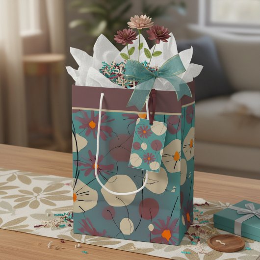 Retro roze en witte bloemen middelgrote cadeautas